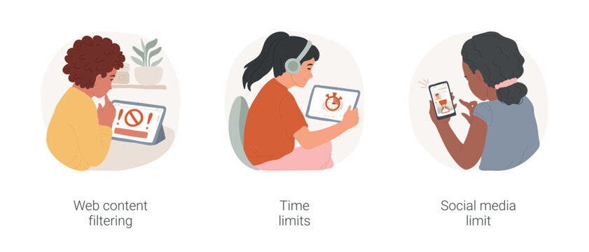 Parental control isolated cartoon vector illustration set. Web content filtering, block icon on screen, child receiving time out message on device, social media limiting app vector cartoon.