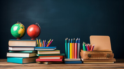 School learning concept stationery items new quality universal colorful technology stock image illustration design, generative ai
