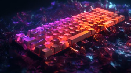 Computer keyboard with glowing buttons multicolored lights, generative ai
