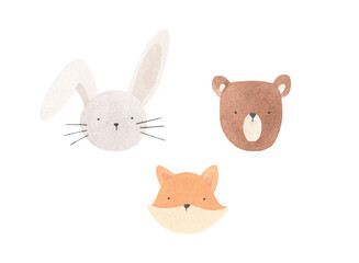 Set animals heads watercolor illustration - isolated, animal character forest hand drawn bear, fox, bunny