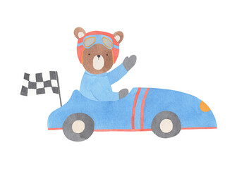 Naklejka premium Racer Bear in a Car Watercolor Illustrtion - formula 1 hand painted animal with a red helmet for baby shower, greeting cards, it's a boy, nursery sport design