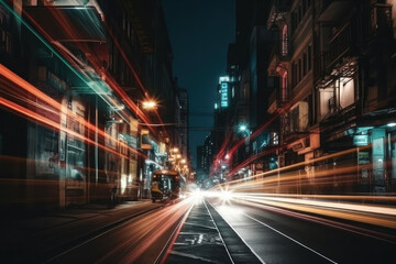 Night road in the city and moving rays of light, speed effect. AI generative.