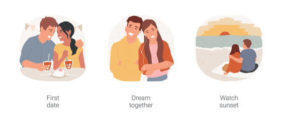 Teenage dating isolated cartoon vector illustration set. Teen couple having date in restaurant, boy and girl looking eye to eye, listening music and dreaming, teenagers watch sunset vector cartoon.
