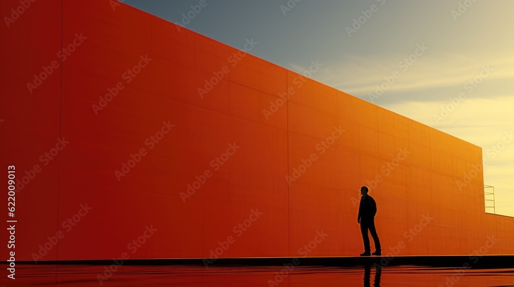 Poster a person standing in front of a red wall. generative ai image.