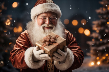 Holiday Joy. Santa Claus Offering a Present. Christmas Concept AI Generative