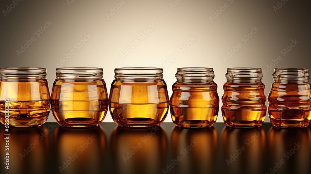 Poster a row of jars filled with honey sitting on a table. generative ai image.