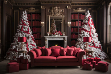 Fototapeta premium Festive Feline Christmas. Enchanting Christmas Tree at Home with Cat Waiting for Santa Claus. Cozy Holiday Concept