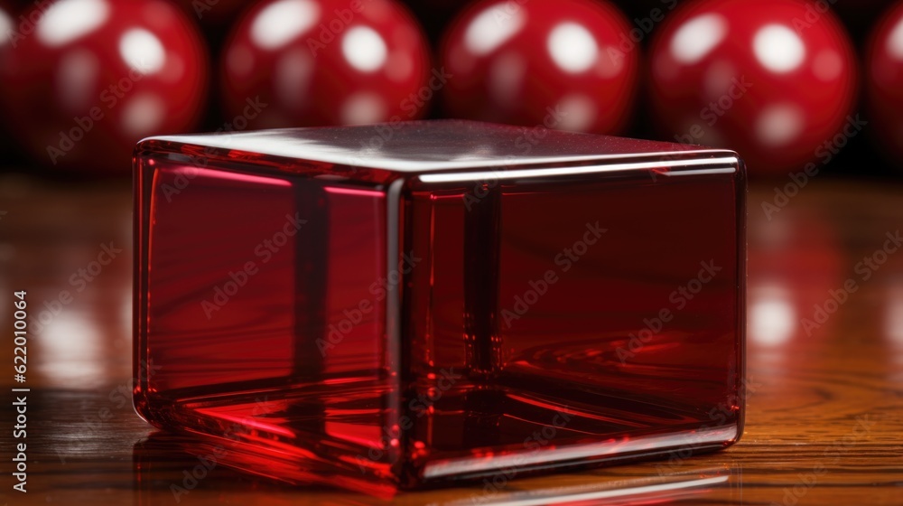 Poster a red cube sitting on top of a wooden table. generative ai image.