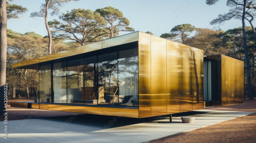 Poster a golden building sitting in the middle of a forest. generative ai image.