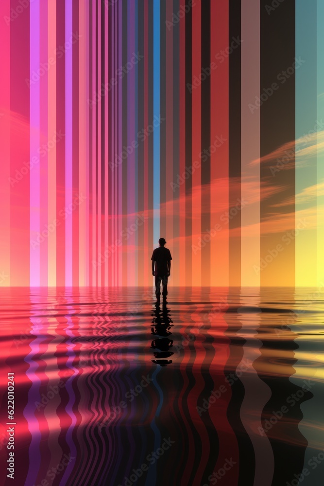 Wall mural a man standing in the middle of a body of water. generative ai image.