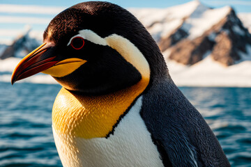 Naklejka premium Digital photo of funny fantastic Penguin on the luxury yacht on a sunny day in Antarctica. Wildlife imagery, the concept of ecological environment. Generative AI