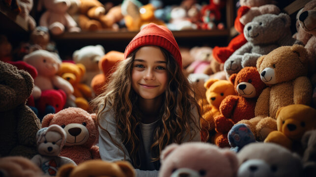 Playroom Delight: Little Girl Surrounded by an Array of Toys and Teddy Bears, Experiencing the Magic of Childhood Joy, Comfort, and Imagination.




