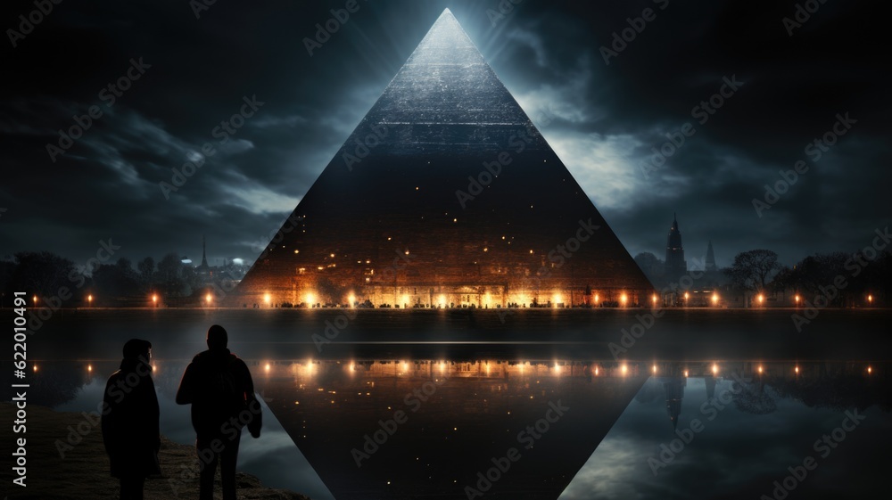 Poster two people standing in front of a large pyramid. generative ai image.