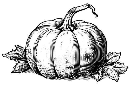Ink sketch of pumpkin isolated on white background. Hand drawn vector illustration.