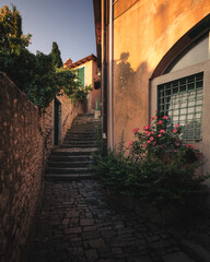 Narrow streets in the old town of Rovinj, Croatia