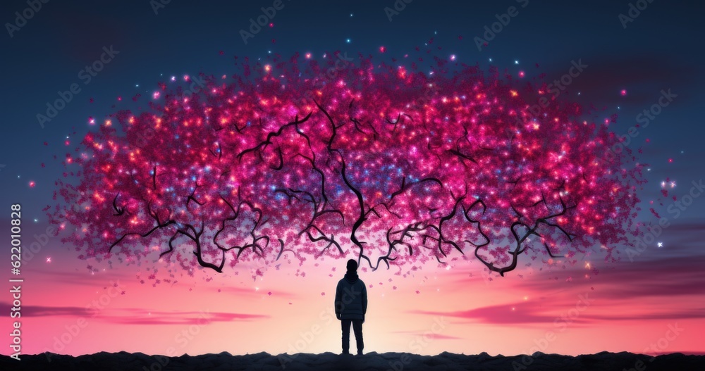 Poster a person standing in front of a pink tree. generative ai image.
