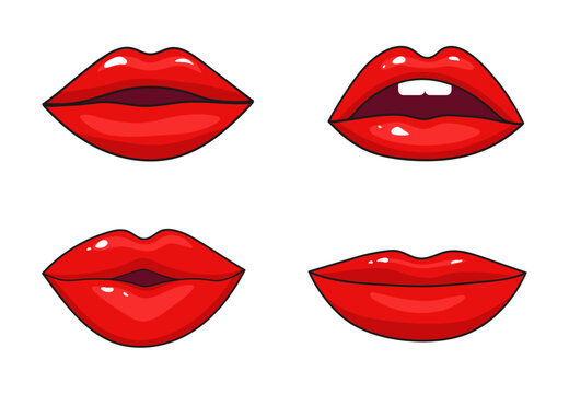 Set of red female lips in pop art style on a white background. Vector
