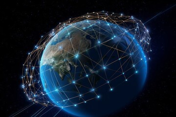 earth with network, CGI Close-Up of a Satellite Network Illuminating the Globe, Uniting through Links and Laser Beams