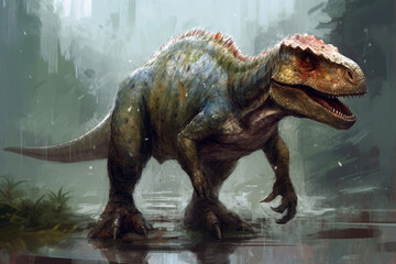 Fototapeta premium Dinosaur Tyrannosaurus Rex in the jungle, AI Generated