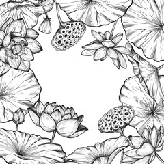 Vector frame with hand drawn blooming lotus flowers and leaves.