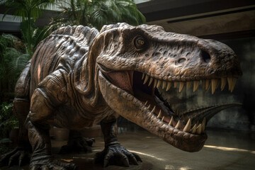 Dinosaur Tyrannosaurus Rex in the paleontological museum, AI Generated