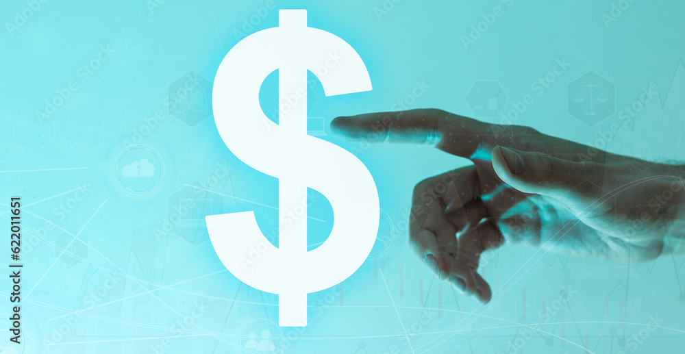 Aufkleber hands touching button screen interface global connection customer networking data exchanges