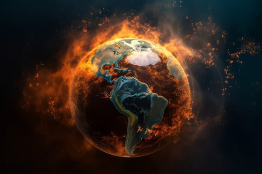Globe Depicting Forest Fires and Smoke Plumes, Highlighting the Global Crisis and Environmental Impact