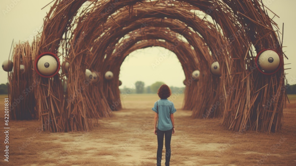 Poster a person standing in front of a tunnel of sticks. generative ai image.