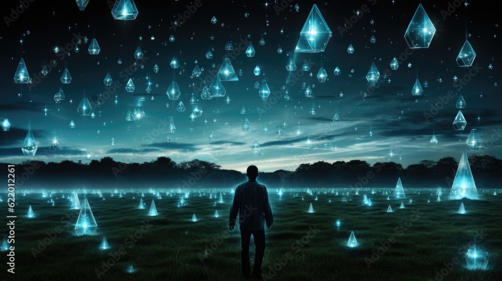 Poster a man standing in the middle of a field of grass. generative ai image.