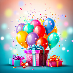 Happy Birthday illustration with gift boxes, colorful balloons and confetti