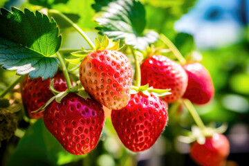 Juicy fresh ripe strawberries on a branch outdoor