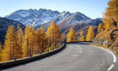 Asphalt road in autumn sunny day. Landscape with beautiful empty mountain road with a perfect asphalt, high rocks, trees and perfect sky. Grossglockner High Alpine Road, Popular travel destination.
