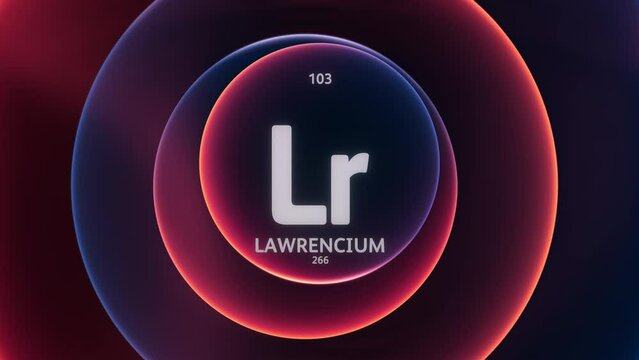 Lawrencium as Element 103 of the Periodic Table. Concept animation on abstract blue red gradient rings seamless loop background. Title design for science content and infographic showcase backdrop.