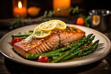 Lemon Butter Grilled Salmon, Deliciously grilled salmon fillet topped with melting lemon butter and served with steamed asparagus and cherry tomatoes, rustic wooden table, generative ai