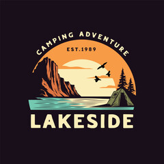 lakeside camping badge, mountain and pine trees