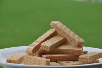 biscoito alimento em prato com espaço para texto em fundo verde 