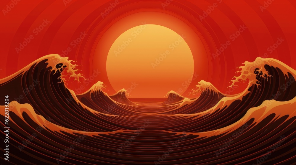Poster the sun is setting over the ocean waves. generative ai image.