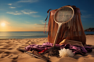 Close up view of Badminton racquets and shuttlecock on sandy beach Generative AI