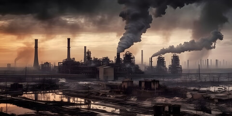 Environmental pollution, A factory emitting dark smoke into the sky, A polluted cityscape with smog and haze, An oppressive and gloomy atmosphere