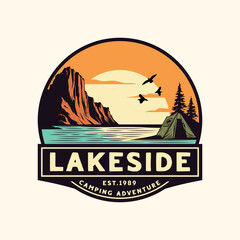 lakeside camping badge, mountain and pine trees