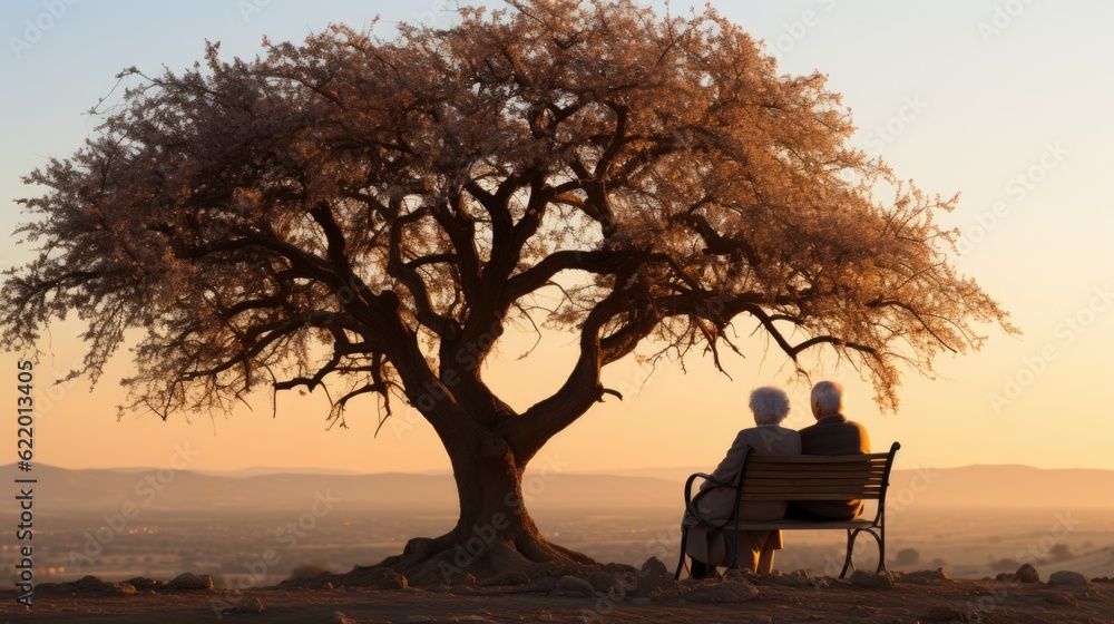 Poster two people sitting on a bench under a tree. generative ai image.