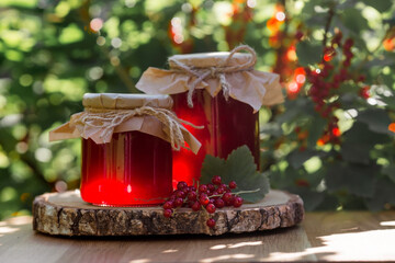 Homemade healthy jelly, red currant jam on the background of a currant bush. Preparation of cans....
