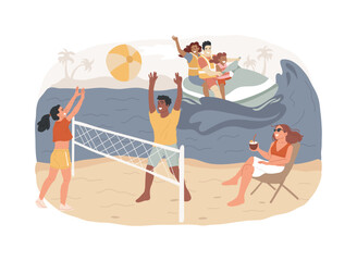 Obraz premium Summer beach activities isolated concept vector illustration. Beach club activities, family vacation, volleyball, jet ski rental, surfing and diving classes, lounge service vector concept.