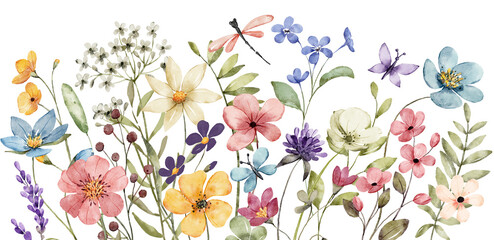 Watercolor wildflowers border banner for stationary, greetings, etc. floral decoration. Hand drawing. - obrazy, fototapety, plakaty