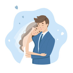 Wedding happy couple of bride and groom holding each other. Just married wife in white dress and husband in blue suit hugging on their wedding ceremony. Vector cute characters for card invitation to