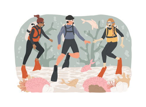 Diving school isolated concept vector illustration. Diving class, all level diver program, summer vacation activity, scuba school, water sport, open sea, underwater photography vector concept.