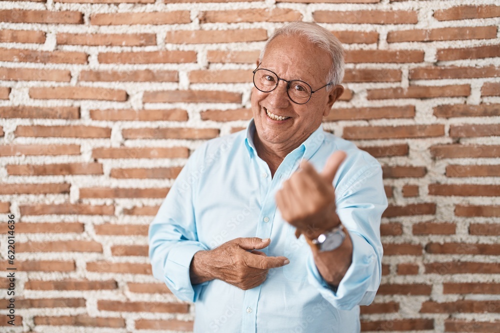 Poster senior man with grey hair standing over bricks wall beckoning come here gesture with hand inviting w