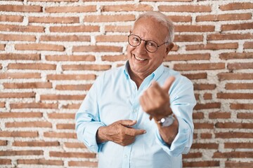 Senior man with grey hair standing over bricks wall beckoning come here gesture with hand inviting welcoming happy and smiling