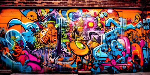 Street Art Scene: A vibrant urban setting with colorful graffiti murals. Generative ai.