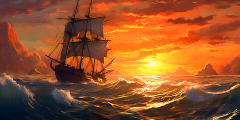 A group of adventurers sailing across a vast open sea, under a vibrant sunset sky, a mix of anticipation and freedom.